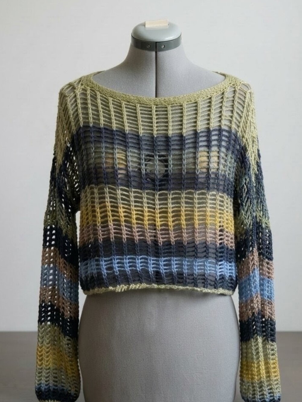 Boho Open-Knit Cropped Striped Sweater